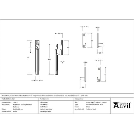 From The Anvil - Polished Brass Night-Vent Locking Art Deco Fastener | Sku. 51925 | Trade Door Handles.
