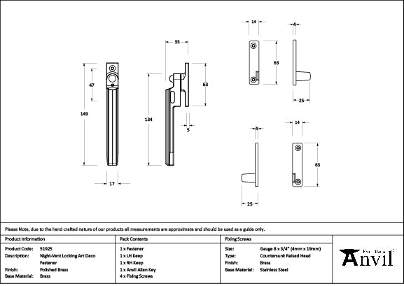 From The Anvil - Polished Brass Night-Vent Locking Art Deco Fastener