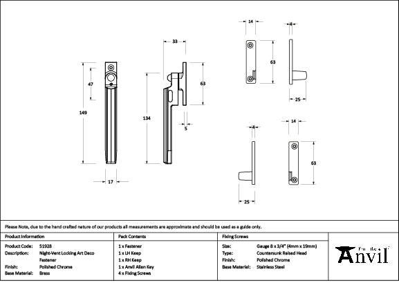 From The Anvil - Polished Chrome Night-Vent Locking Art Deco Fastener