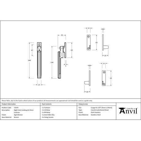From The Anvil - Aged Bronze Night-Vent Locking Art Deco Fastener | Sku. 51929 | Trade Door Handles.