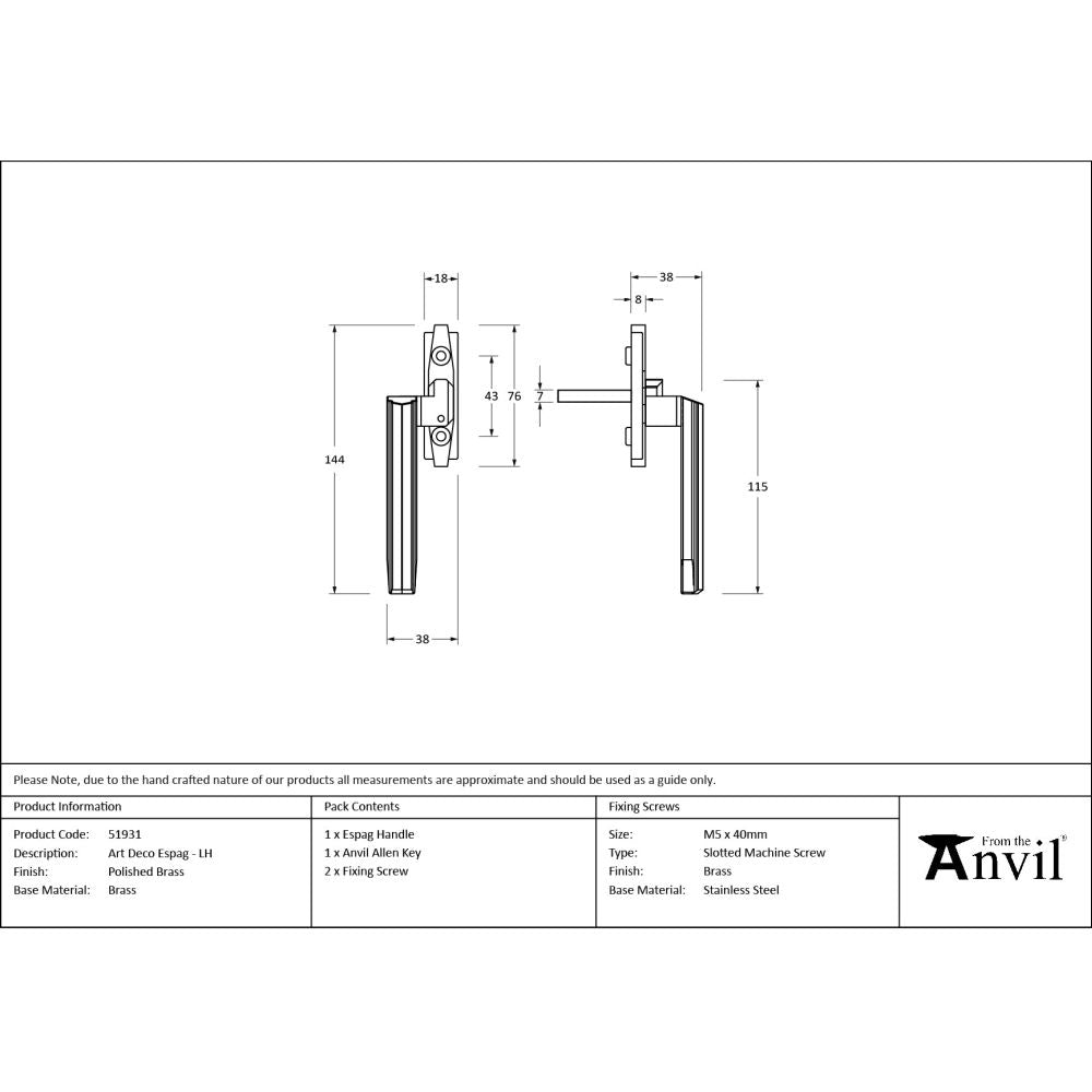 From The Anvil - Polished Brass Art Deco Espag - LH | Sku. 51931 | Trade Door Handles.