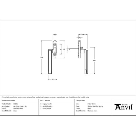 From The Anvil - Polished Brass Art Deco Espag - LH | Sku. 51931 | Trade Door Handles.