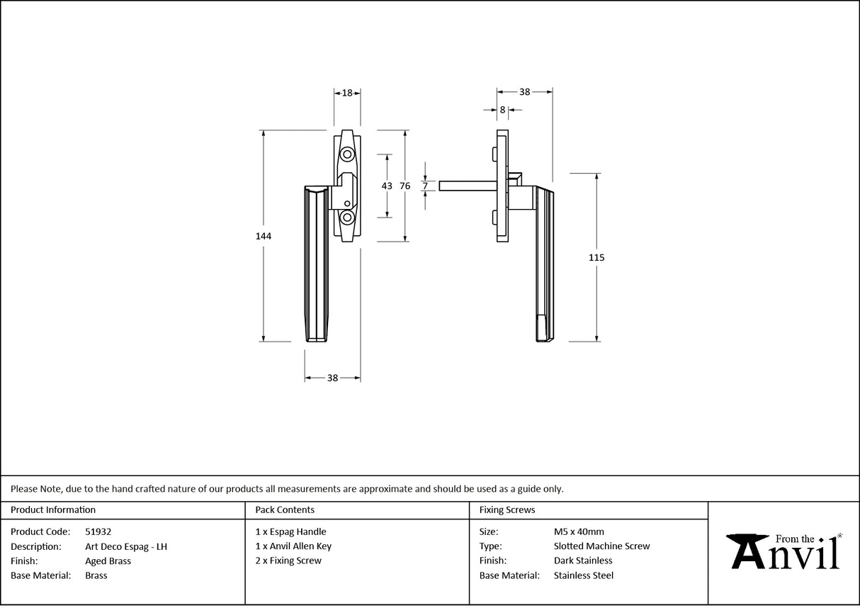 From The Anvil - Aged Brass Art Deco Espag - LH | Sku. 51932 | Trade Door Handles.