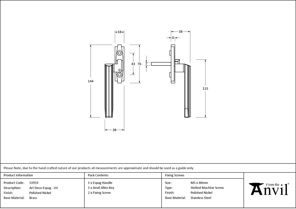 From The Anvil - Polished Nickel Art Deco Espag - LH | Sku. 51933 | Trade Door Handles.