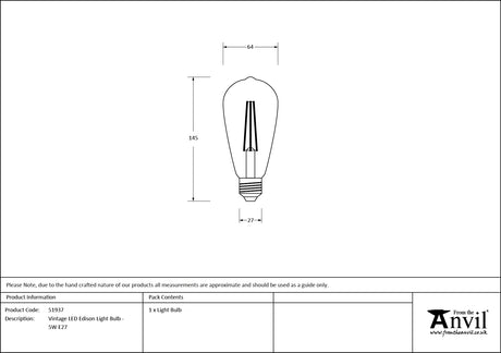 From The Anvil - Vintage LED Edison Light Bulb - 5W E27 | Sku. 51937 | Trade Door Handles.