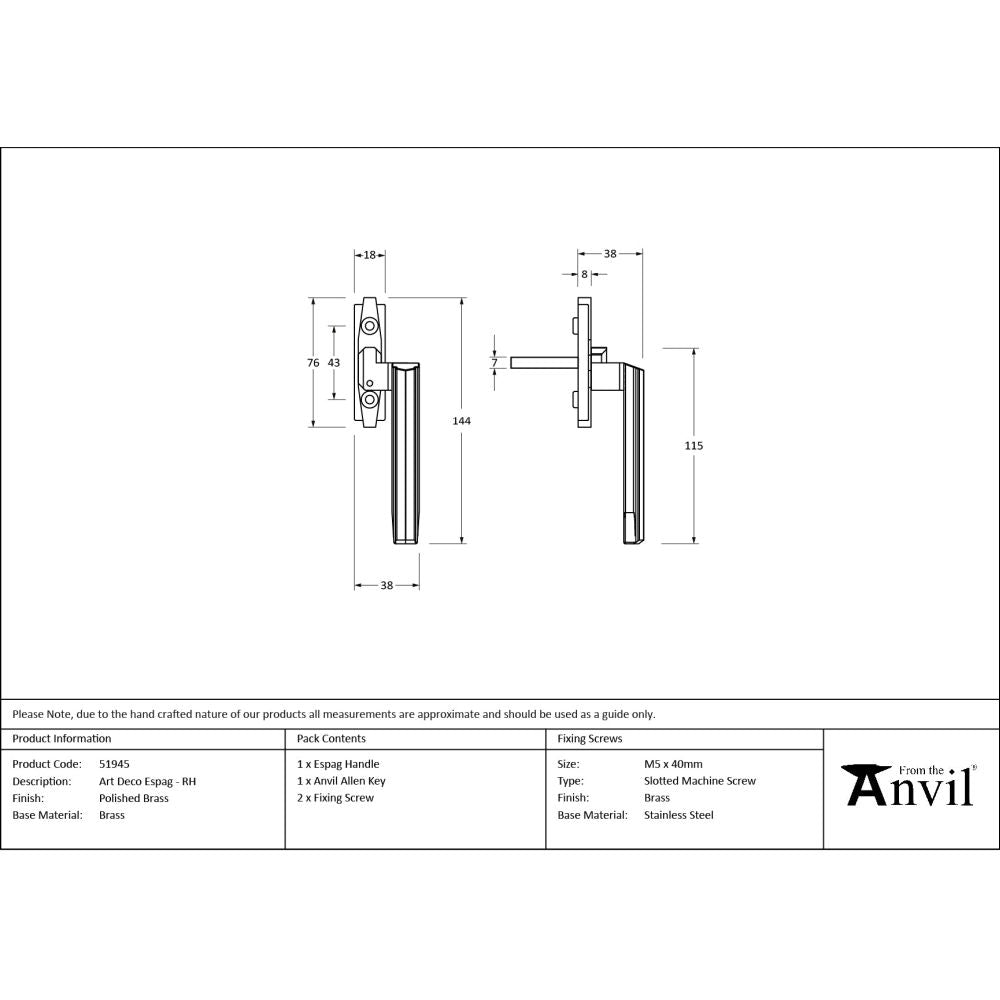 From The Anvil - Polished Brass Art Deco Espag - RH | Sku. 51945 | Trade Door Handles.