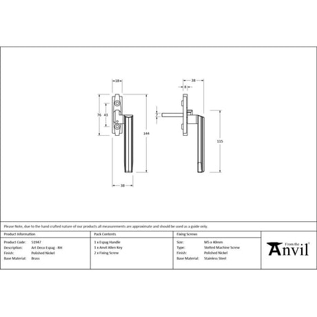 From The Anvil - Polished Nickel Art Deco Espag - RH | Sku. 51947 | Trade Door Handles.