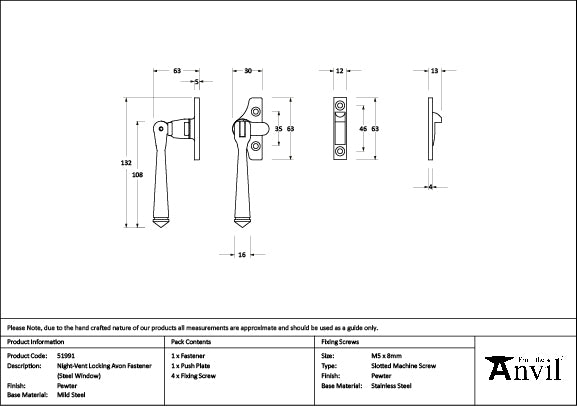 From The Anvil - Pewter Night-Vent Locking Avon Fastener (Steel Window)