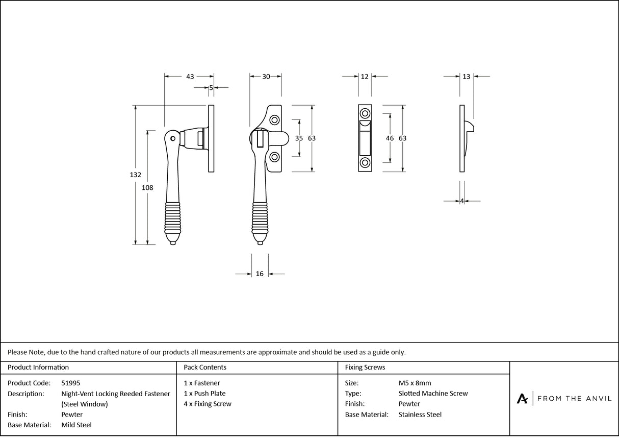 From The Anvil - Pewter Night-Vent Locking Reeded Fastener (Steel Window) | Sku. 51995 | Trade Door Handles.