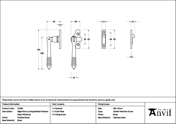 From The Anvil - Polished Brass Night-Vent Locking Reeded Fastener (Steel Window)