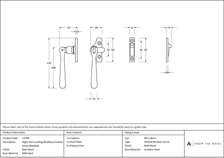 From The Anvil - Matt Black Night-Vent Locking Newbury Fastener (Steel Window) | Sku. 51998 | Trade Door Handles.