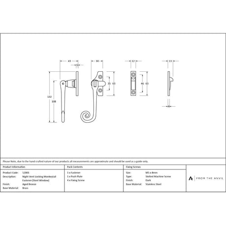 From The Anvil - Aged Bronze Night-Vent Locking Monkeytail Fastener (Steel Window) | Sku. 52001 | Trade Door Handles.