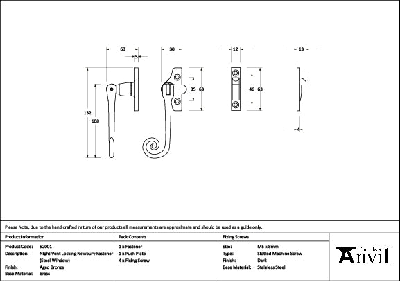 From The Anvil - Aged Bronze Night-Vent Locking Monkeytail Fastener (Steel Window)