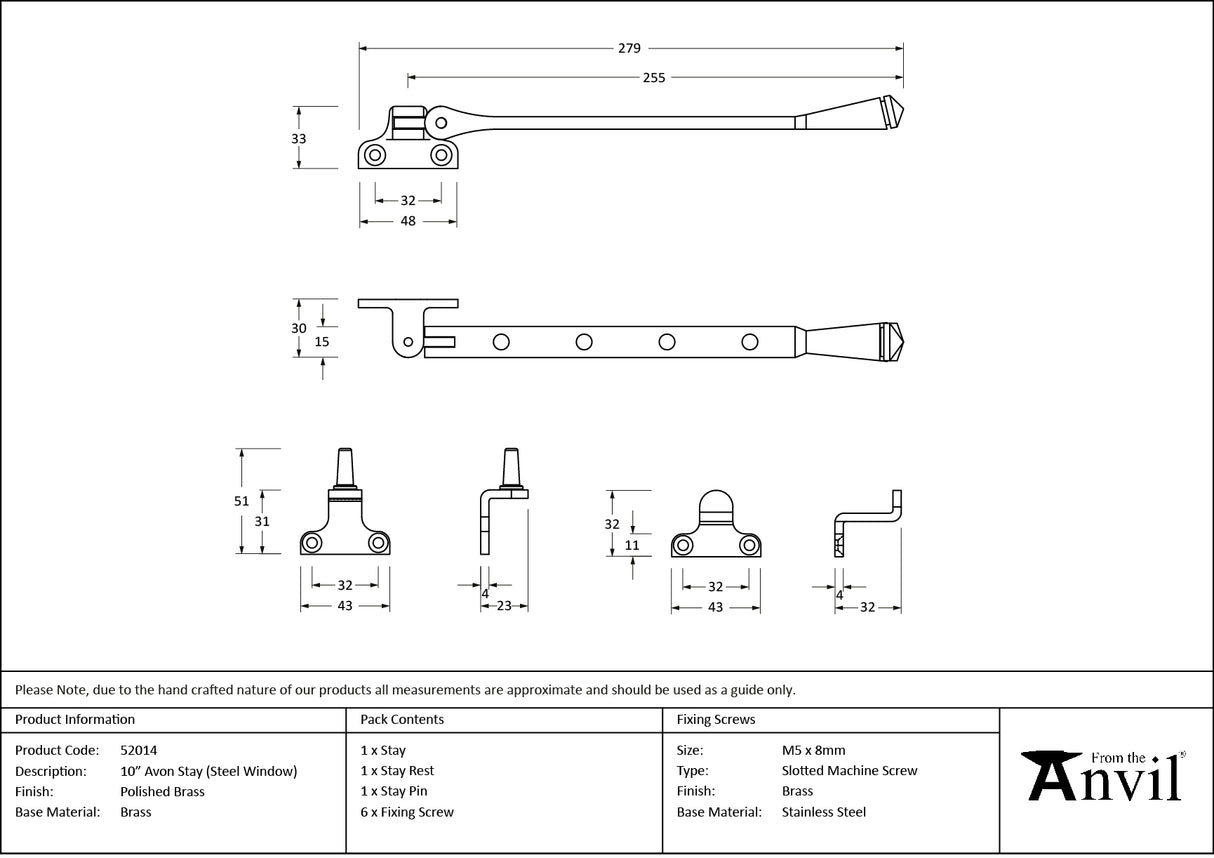 From The Anvil - Polished Brass 10" Avon Stay (Steel Window) | Sku. 52014 | Trade Door Handles.