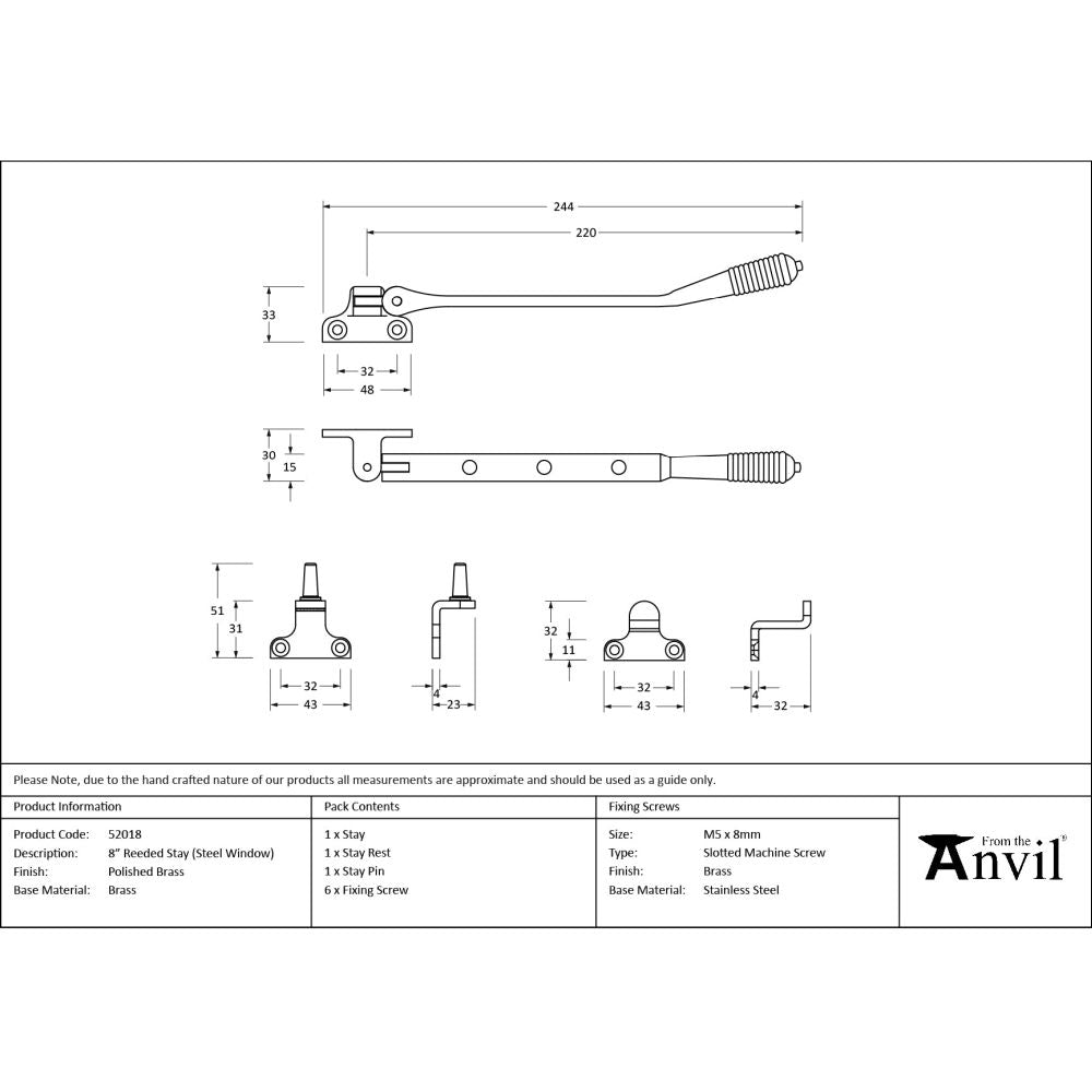 From The Anvil - Polished Brass 8" Reeded Stay (Steel Window) | Sku. 52018 | Trade Door Handles.