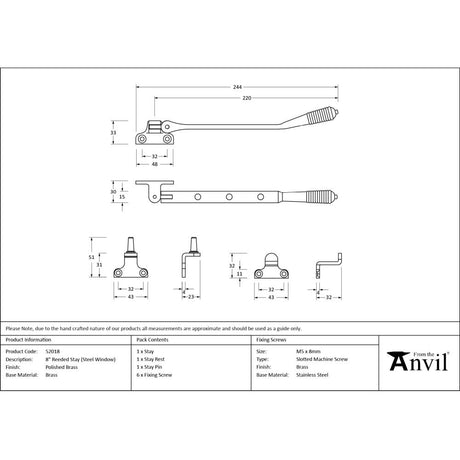 From The Anvil - Polished Brass 8" Reeded Stay (Steel Window) | Sku. 52018 | Trade Door Handles.