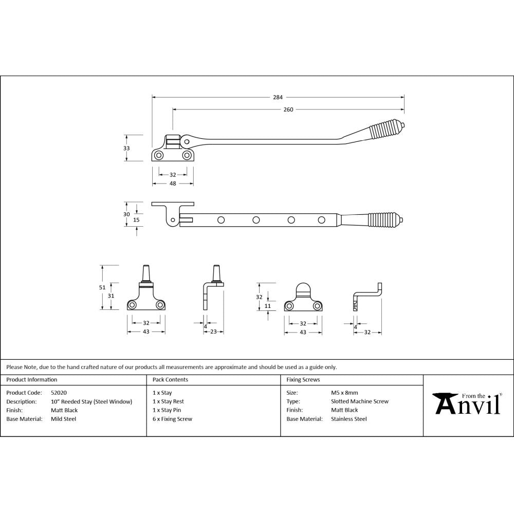 From The Anvil - Matt Black 10" Reeded Stay (Steel Window) | Sku. 52020 | Trade Door Handles.