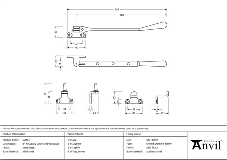 From The Anvil - Matt Black 8" Newbury Stay (Steel Window) | Sku. 52024 | Trade Door Handles.