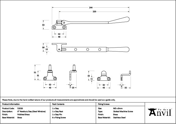 From The Anvil - Polished Brass 8" Newbury Stay (Steel Window)