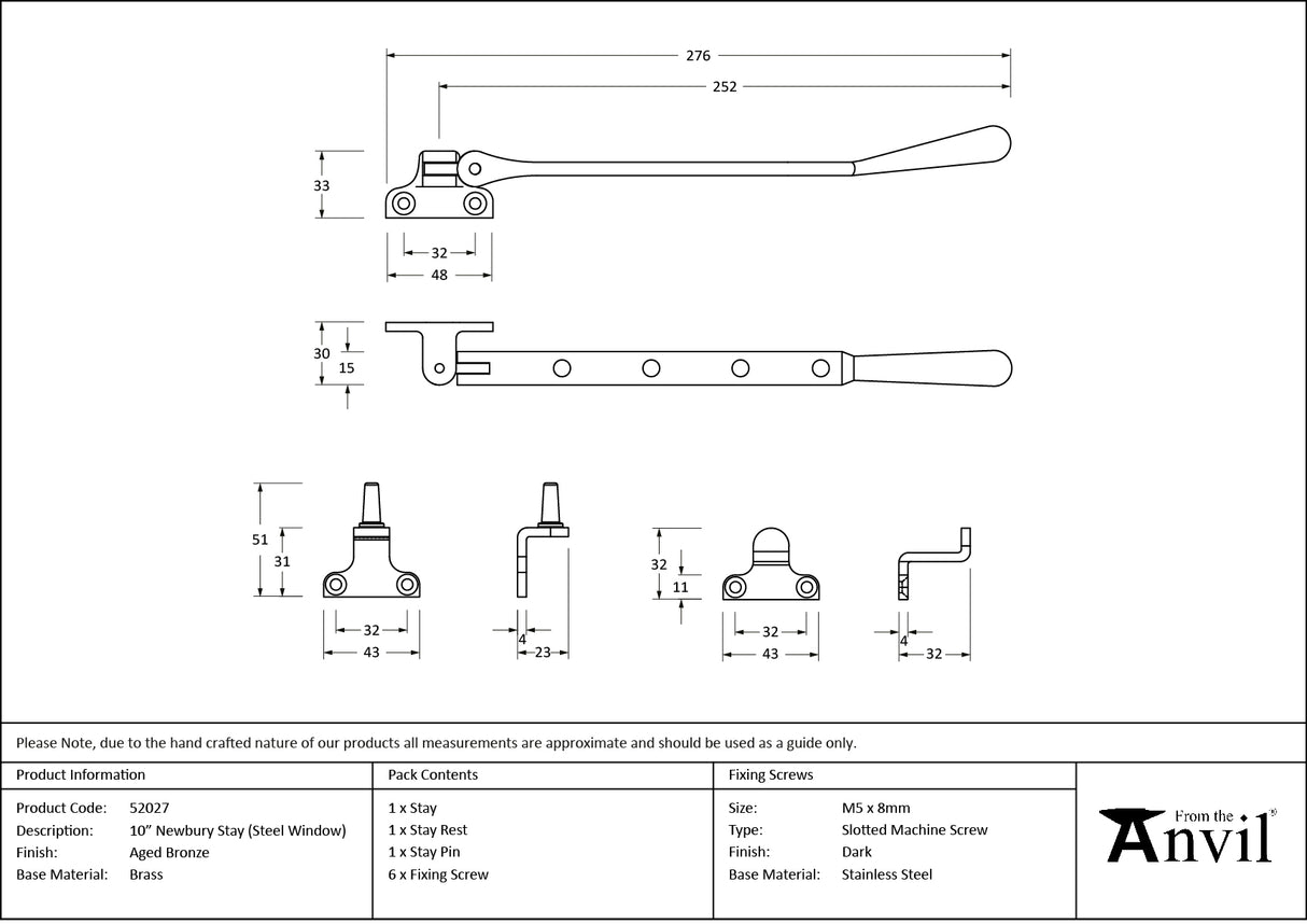 From The Anvil - Aged Bronze 10" Newbury Stay (Steel Window) | Sku. 52027 | Trade Door Handles.