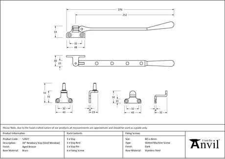 From The Anvil - Aged Bronze 10" Newbury Stay (Steel Window) | Sku. 52027 | Trade Door Handles.