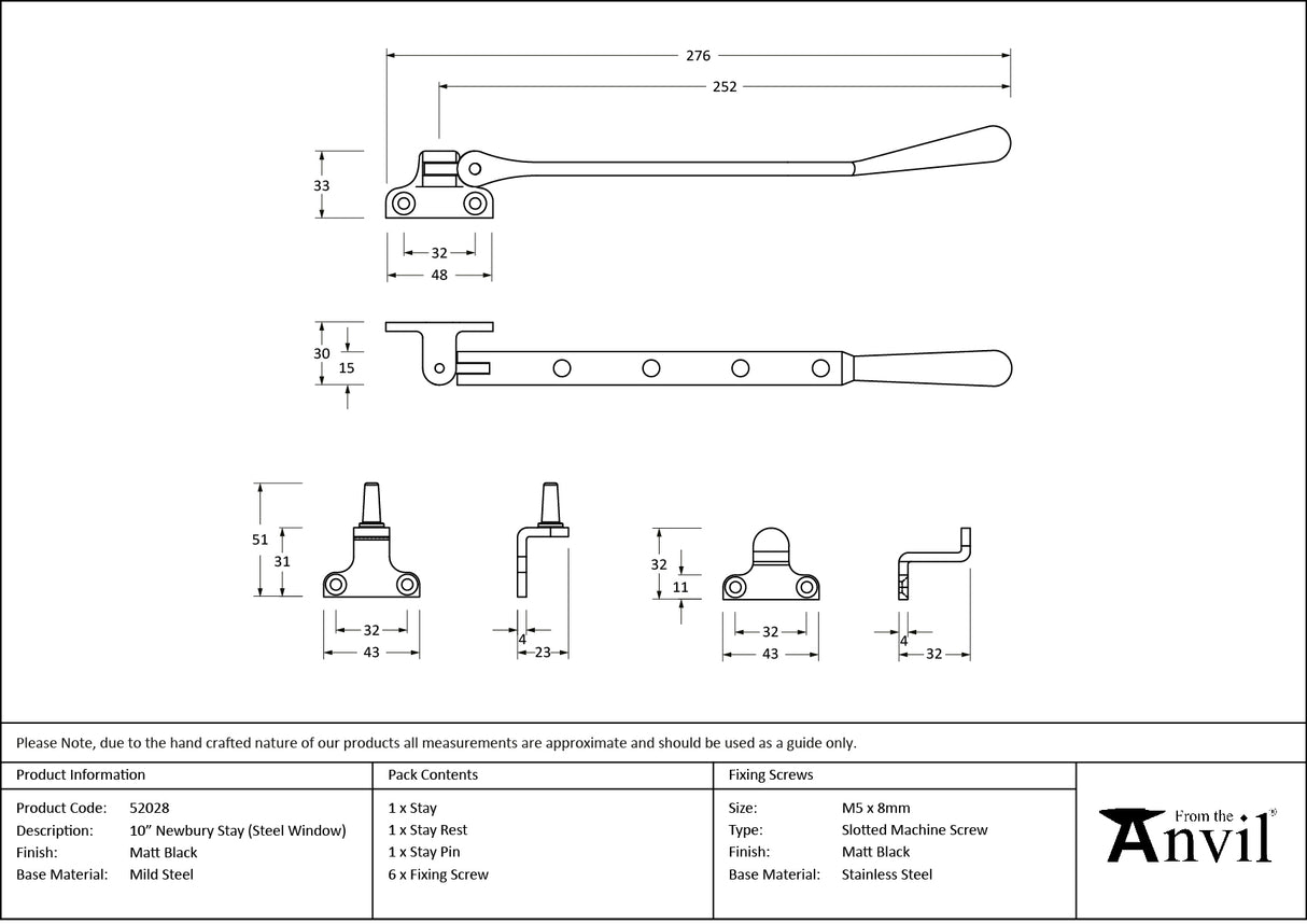 From The Anvil - Matt Black 10" Newbury Stay (Steel Window) | Sku. 52028 | Trade Door Handles.