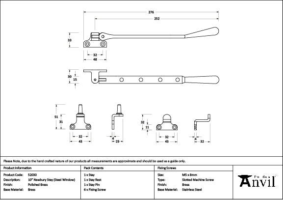 From The Anvil - Polished Brass 10" Newbury Stay (Steel Window)