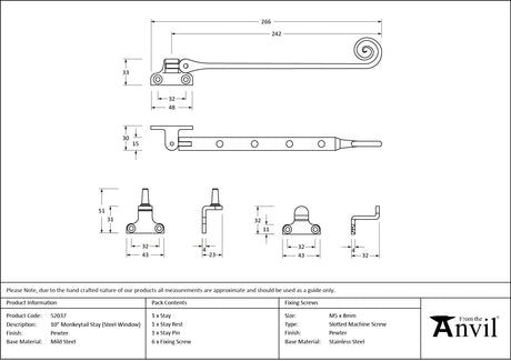 From The Anvil - Pewter 10" Monkeytail Stay (Steel Window) | Sku. 52037 | Trade Door Handles.