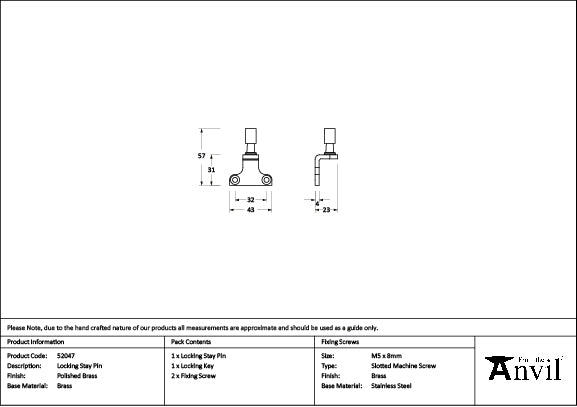 From The Anvil - Polished Brass Locking Stay Pin (Steel Window)