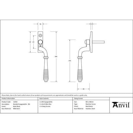 From The Anvil - Matt Black Reeded Espag - RH | Sku. 52050 | Trade Door Handles.