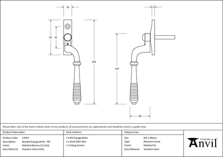 From The Anvil - Polished Marine SS (316) Reeded Espag - RH | Sku. 52054 | Trade Door Handles.