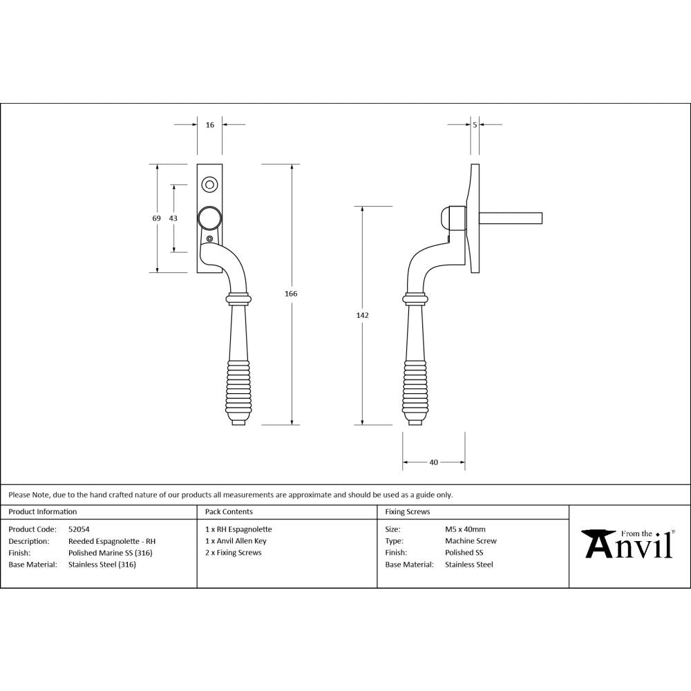 From The Anvil - Polished Marine SS (316) Reeded Espag - RH | Sku. 52054 | Trade Door Handles.