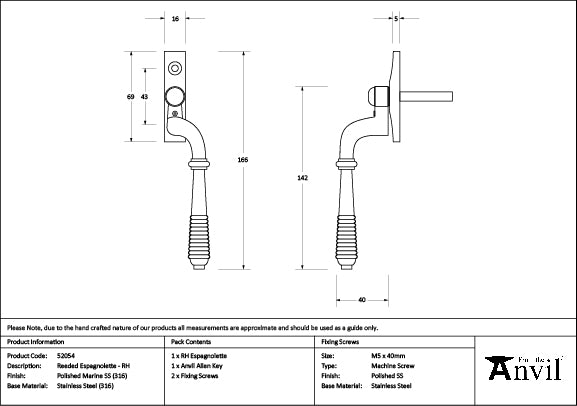 From The Anvil - Polished Marine SS (316) Reeded Espag - RH