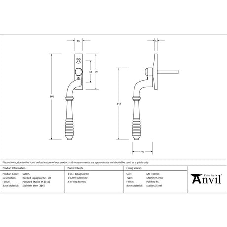 From The Anvil - Polished Marine SS (316) Reeded Espag - LH | Sku. 52055 | Trade Door Handles.