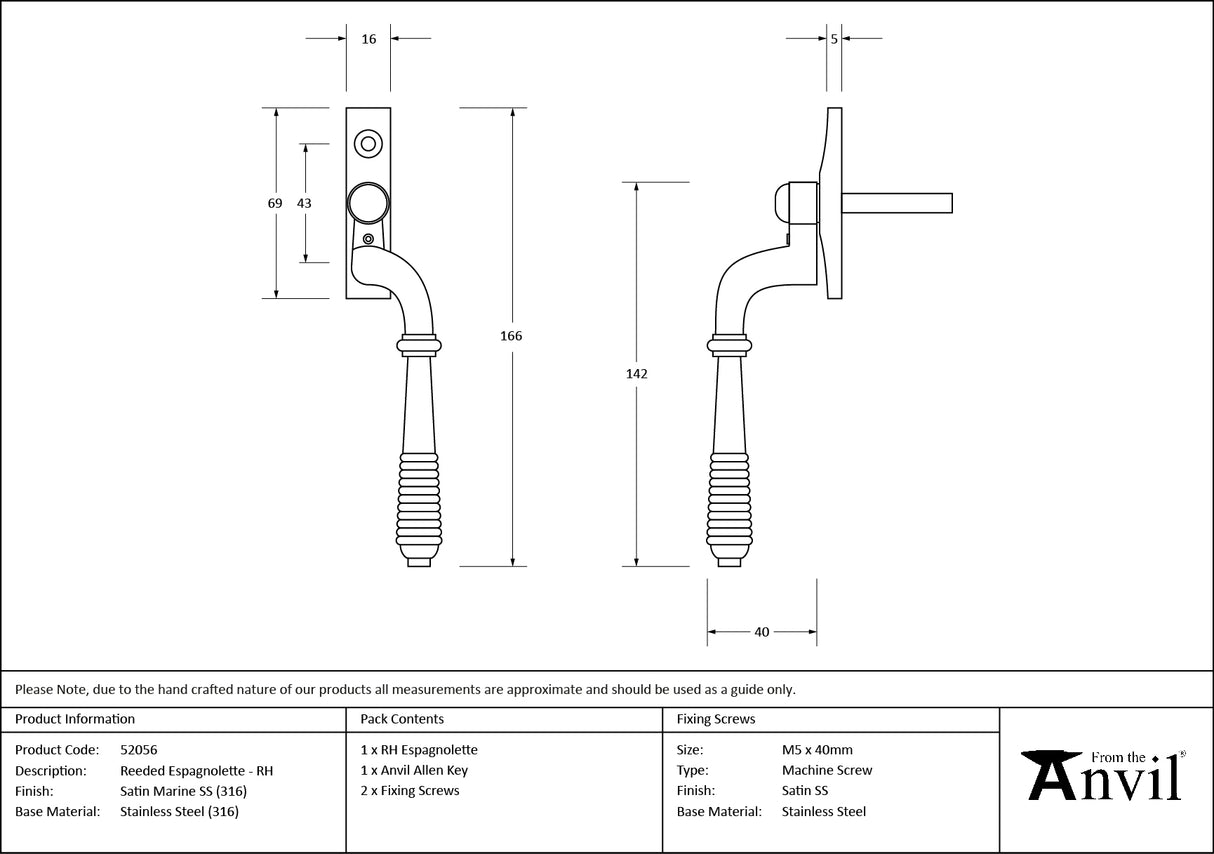 From The Anvil - Satin Marine SS (316) Reeded Espag - RH | Sku. 52056 | Trade Door Handles.