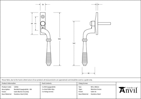 From The Anvil - Satin Marine SS (316) Reeded Espag - RH | Sku. 52056 | Trade Door Handles.