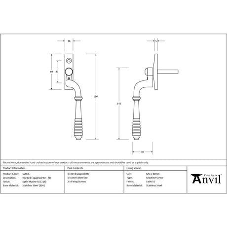 From The Anvil - Satin Marine SS (316) Reeded Espag - RH | Sku. 52056 | Trade Door Handles.