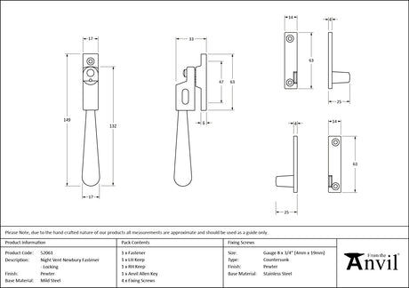 From The Anvil - Pewter Night-Vent Locking Newbury Fastener | Sku. 52061 | Trade Door Handles.