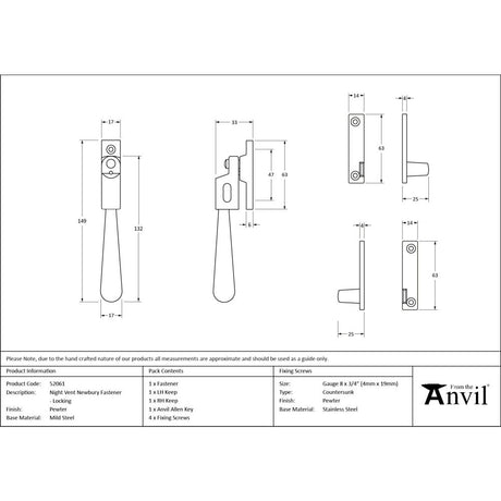 From The Anvil - Pewter Night-Vent Locking Newbury Fastener | Sku. 52061 | Trade Door Handles.