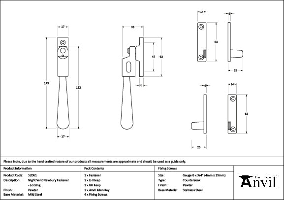 From The Anvil - Pewter Night-Vent Locking Newbury Fastener