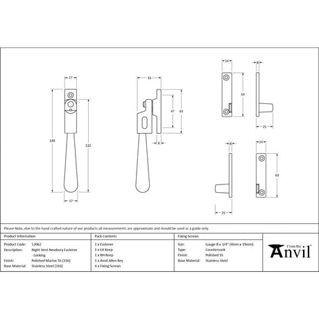 From The Anvil - Polished Marine SS (316) Night-Vent Locking Newbury Fastener | Sku. 52062 | Trade Door Handles.