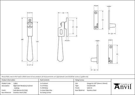From The Anvil - Satin Marine SS (316) Night-Vent Locking Newbury Fastener | Sku. 52063 | Trade Door Handles.
