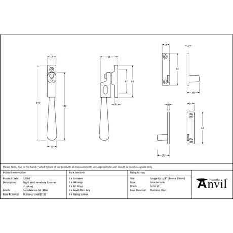 From The Anvil - Satin Marine SS (316) Night-Vent Locking Newbury Fastener | Sku. 52063 | Trade Door Handles.
