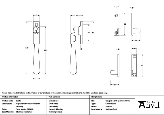 From The Anvil - Satin Marine SS (316) Night-Vent Locking Newbury Fastener