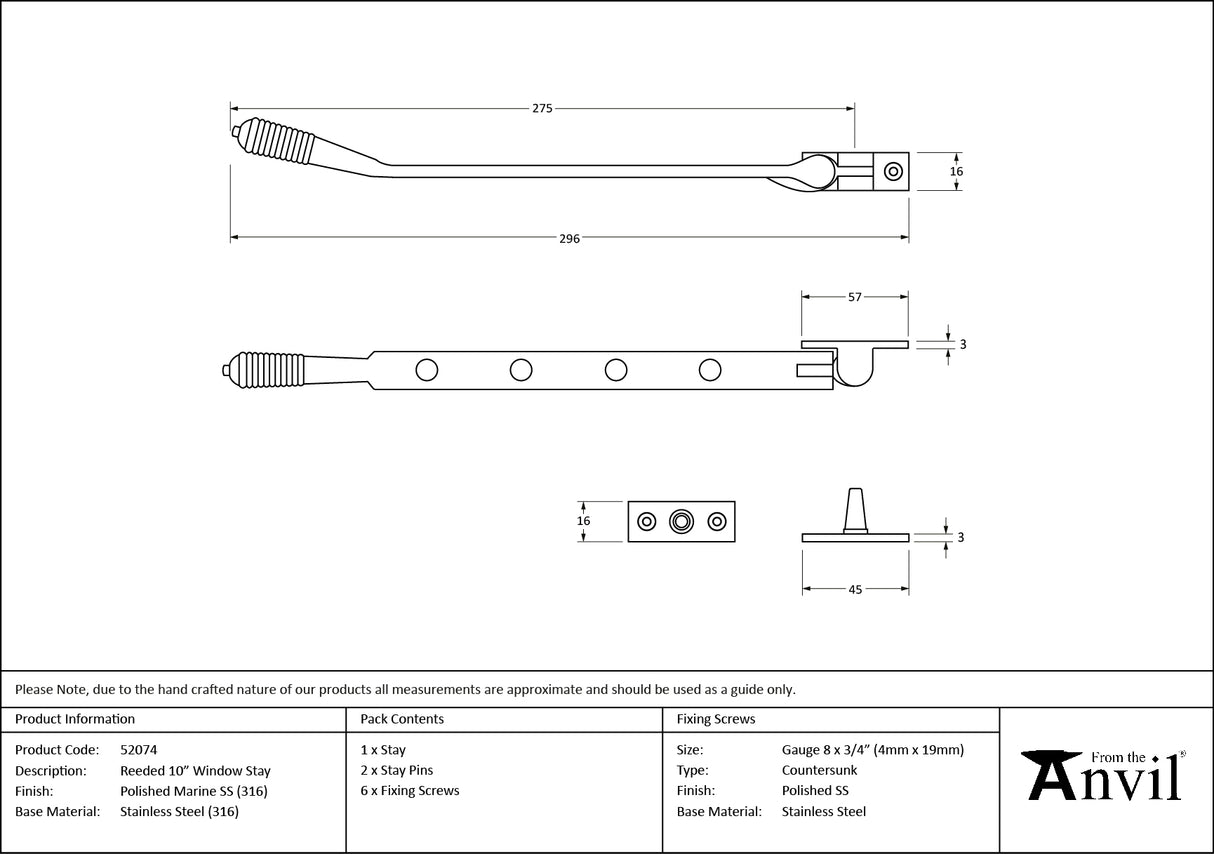 From The Anvil - Polished Marine SS (316) 10" Reeded Stay | Sku. 52074 | Trade Door Handles.