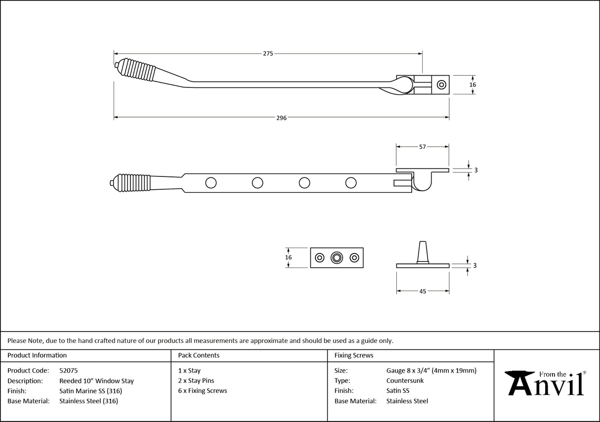 From The Anvil - Satin Marine SS (316) 10" Reeded Stay | Sku. 52075 | Trade Door Handles.