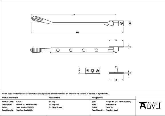 From The Anvil - Satin Marine SS (316) 10" Reeded Stay