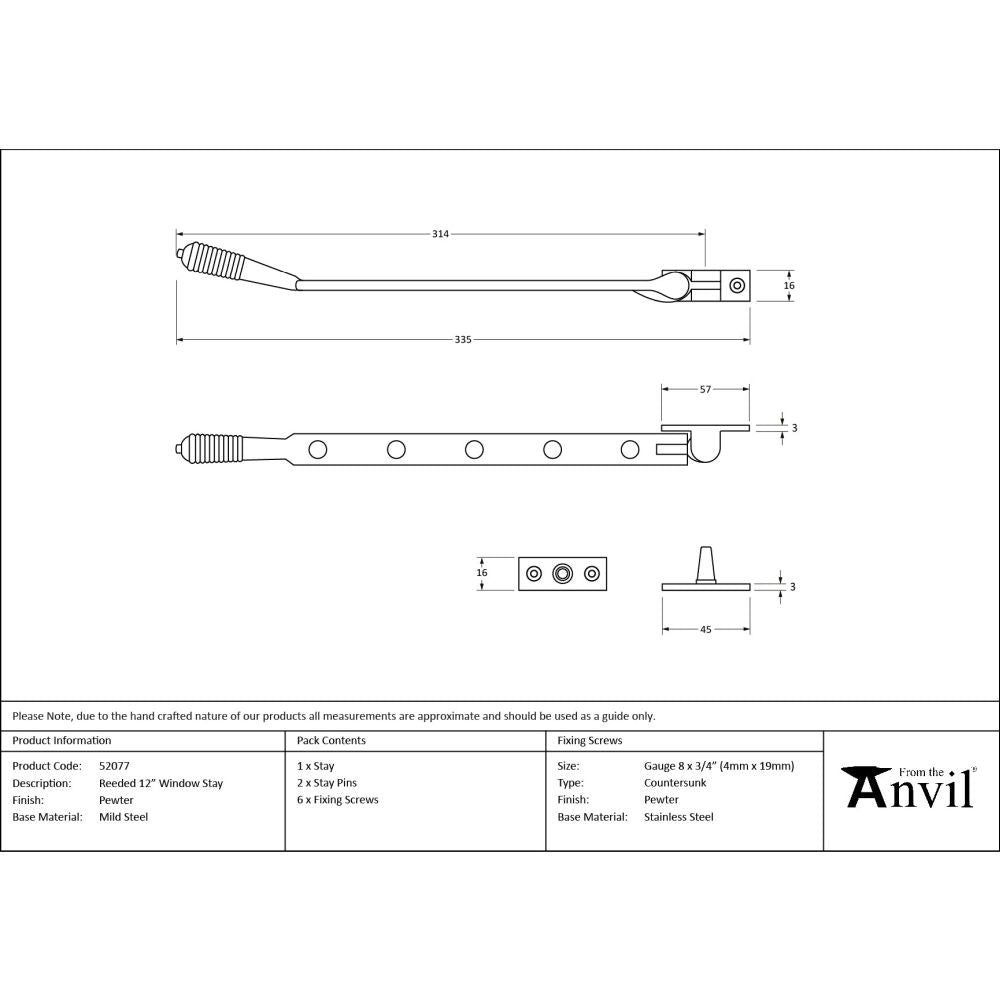 From The Anvil - Pewter 12" Reeded Stay | Sku. 52077 | Trade Door Handles.