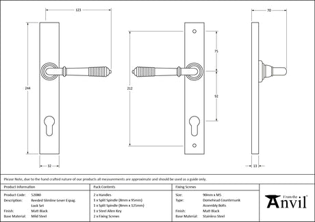 From The Anvil - Matt Black Reeded Slimline Lever Espag. Lock Set | Sku. 52080 | Trade Door Handles.