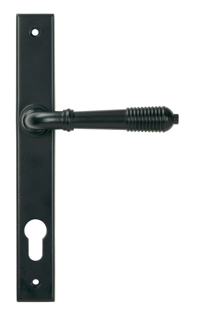 From The Anvil - Matt Black Reeded Slimline Lever Espag. Lock Set | Sku. 52080 | Trade Door Handles.